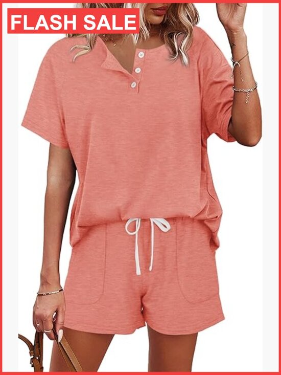 Tops - Medium 2-Piece Lounge Set with Pockets, Button-Down Top & Drawstring Shorts